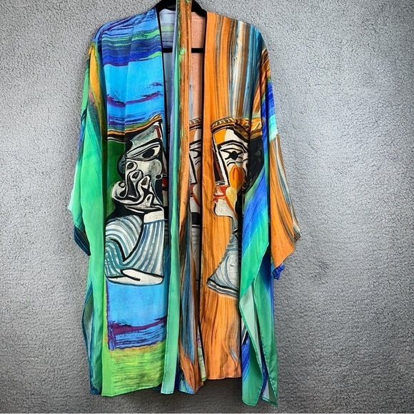 Dilemma Dhun Shroff Kimono Womens Silk Art To Wear Hand Painted Cubism Abstract - Picture 2 of 11